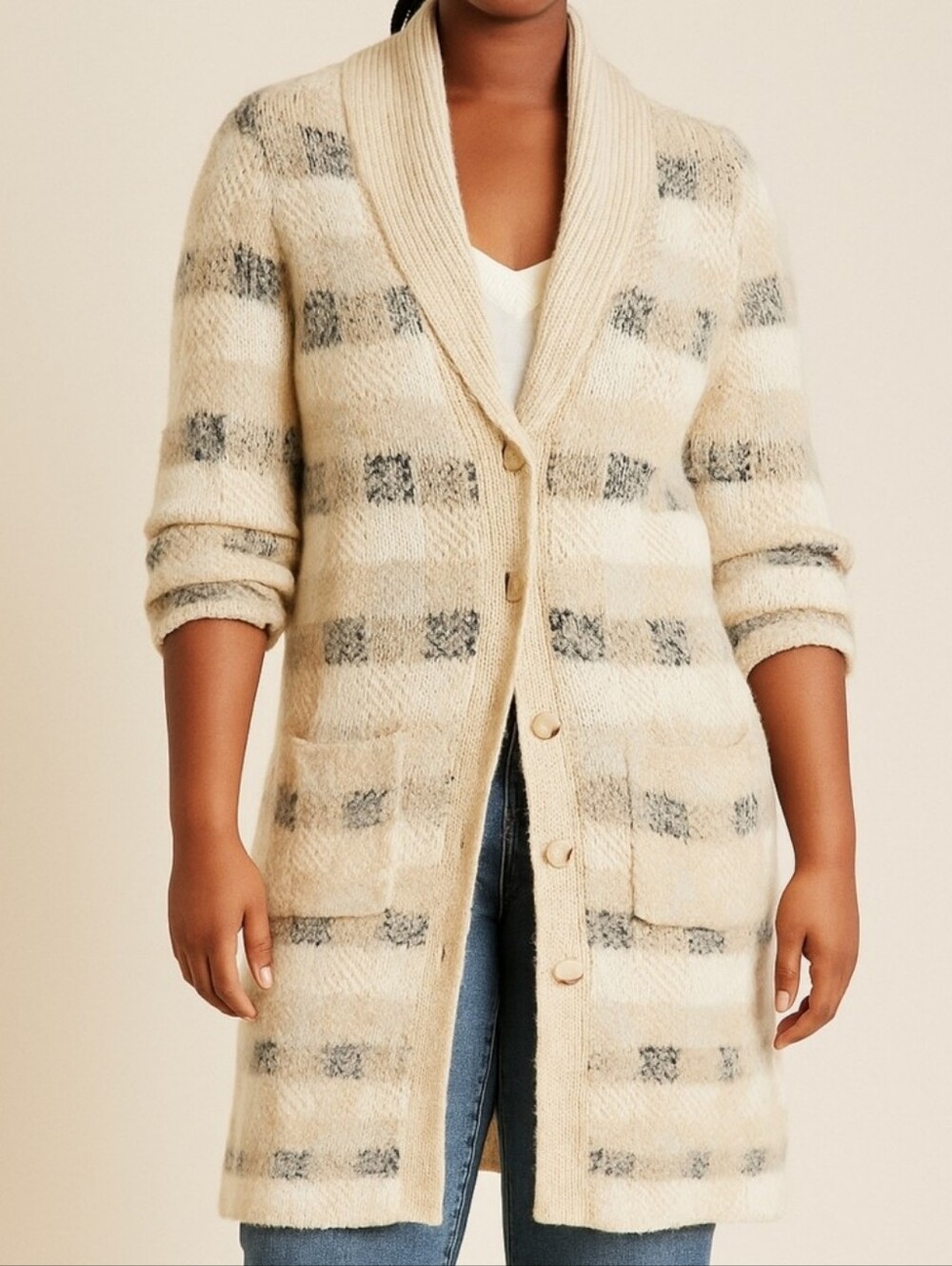 Anthropologie‎ Far Away From Close Plaid Brown Mohair Blend Duster Cardigan Sz L